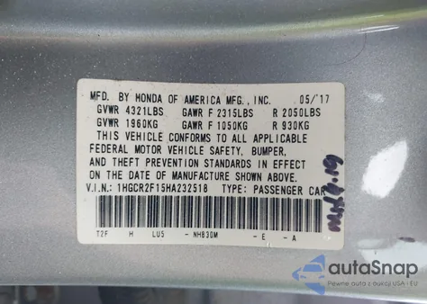 2017 Honda Accord Sport Se из США, поврежденный, VIN 1HGCR2F15HA232518